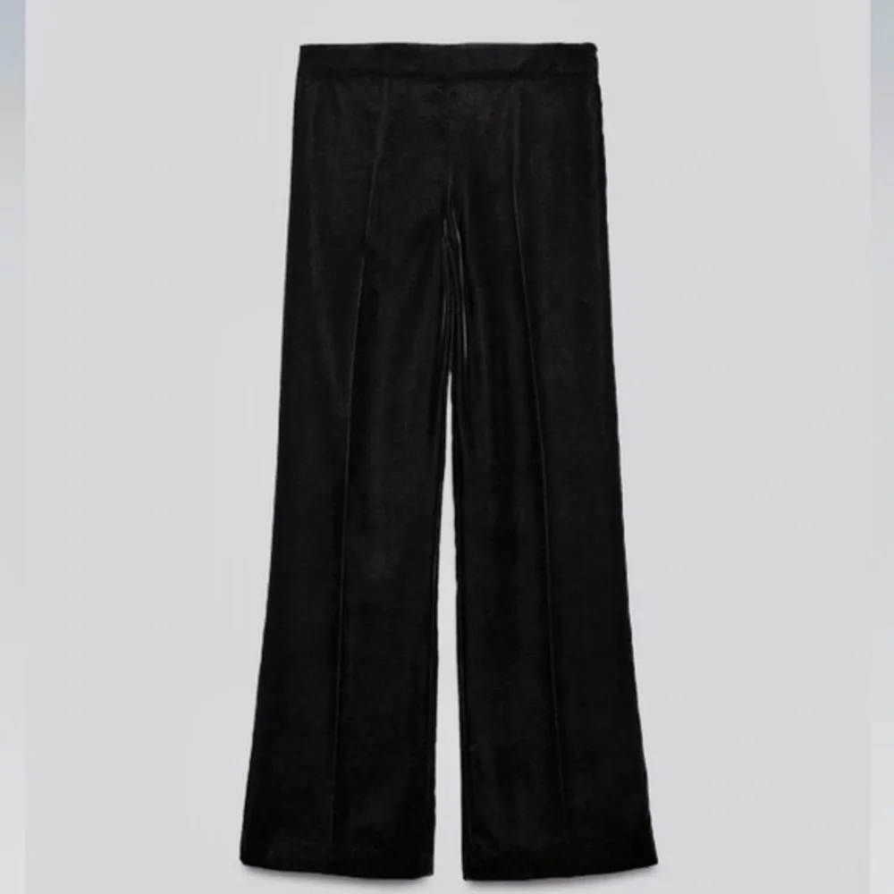 Zara NWT velvet velour black wide leg trouser pants side zip closure